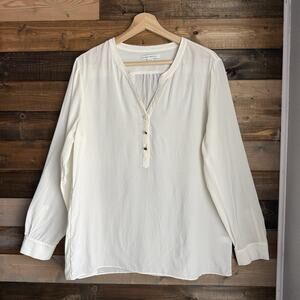 Banana Republic Silk Blouse Petite Size Large Cream White Semi Sheer Henley Top